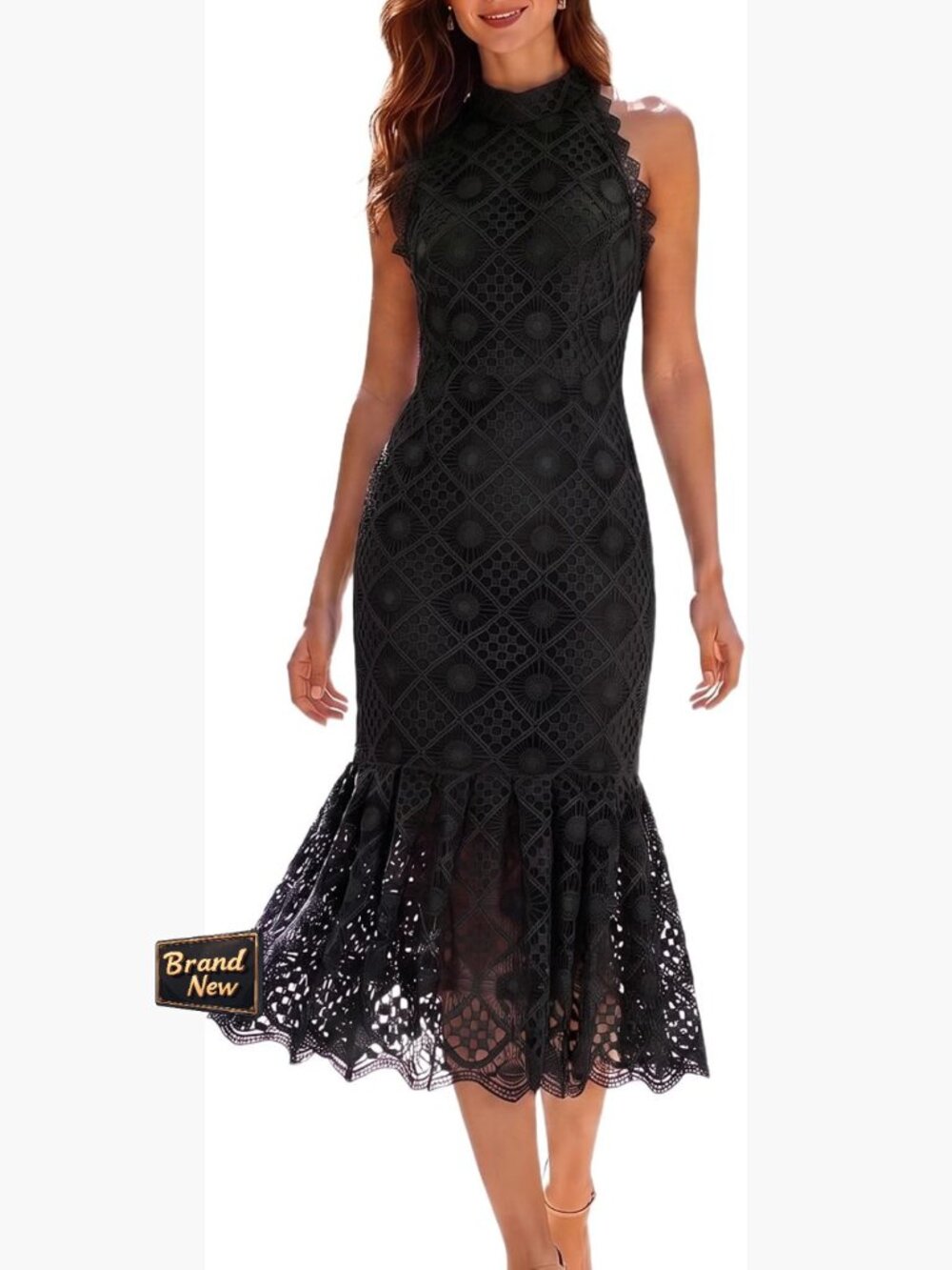 Crochet Lace Midi Dress Sleeveless Halter Mermaid Fit